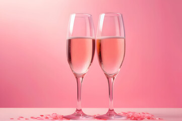 Two champagne glasses and confetti on a pink background