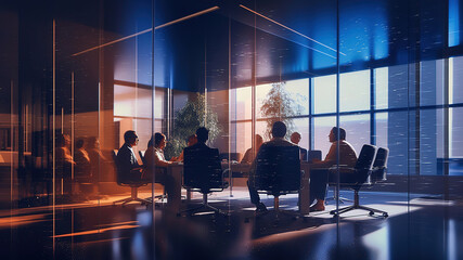 business people at a round table meeting late in the evening. - 725032193