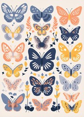 colorful butterflies painted on a light background. seamless wallpaper.
