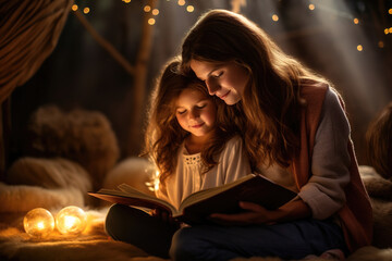 mom and daughter reading a book of fairy tales before going to bed. - obrazy, fototapety, plakaty