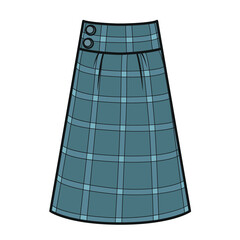 Casual long checkered wool skirt with a wide belt color variation for coloring on white background