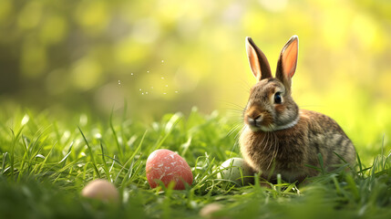 Fototapeta na wymiar Rabbit Sitting in Grass Next to Egg
