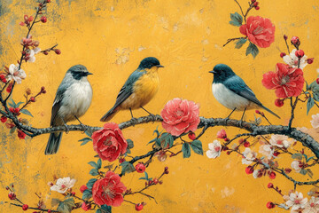 chinoiserie design with birds and flowers on a mustard yellow background in the style of de Gournay.