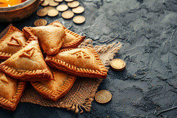 Fototapeta na wymiar Purim holiday greeting card, Jewish holiday Purim with traditional hamantaschen cookies and coins. Located on a gray background.