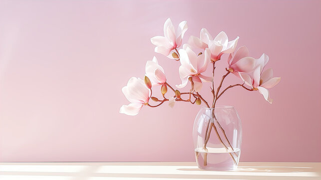 pink magnolia flowers in glass vase on pink background.  Created with generative AI.