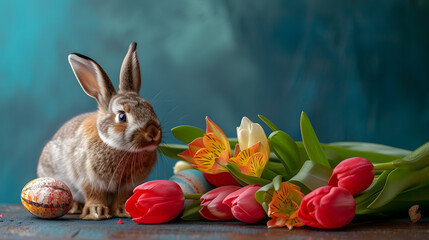 Fototapeta na wymiar Rabbit Sitting Next to Bunch of Flowers
