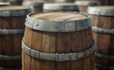 A glimpse into the winery's storage area reveals the rustic beauty of old brown oak casks nestled in the dark cellar.