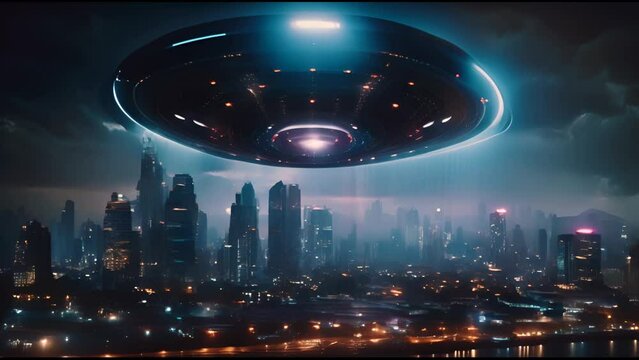 Abstract AI-generated background with UFO aliens spaceship above the city. Future technologies and artificial intelligence concept.