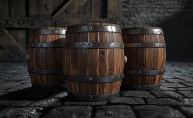 Fototapeta premium A glimpse into the winery's storage area reveals the rustic beauty of old brown oak casks nestled in the dark cellar.