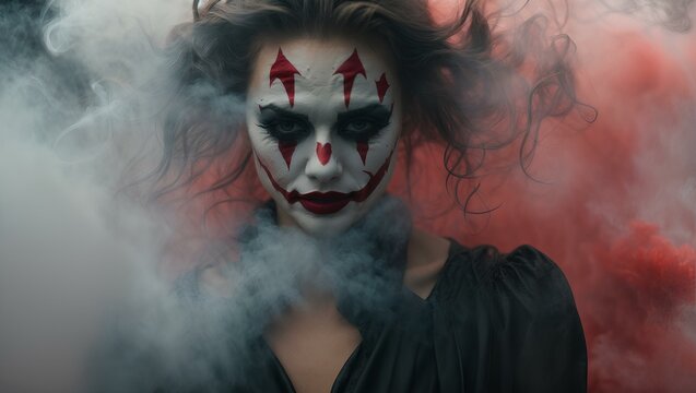 portrait of a clown woman with white and red smoke