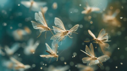 Dragonflies flying in the air, many light green dragonflies are flying in a blurry background, insects wildlife concept.