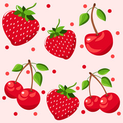 Cherry and strawberry pattern with dots on pink background. Delicious berry. Hand drawn vector illustration for cards, business, banners, textile, wallpaper, wrapping	