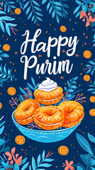 Purim holiday greeting card, Jewish holiday Purim with traditional hamantaschen cookies and coins. Located on a blue background.