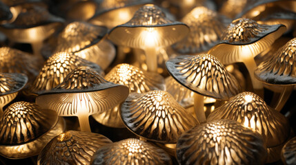 luxurious background featuring the radiant and textured surfaces of gold luminous mushroom caps. Generative ai