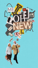 Elderly couple walking, talking, leading lively discussion with background of mixed newspaper cut words. Contemporary art collage. Anniversary of marriage. Relationship and conversation