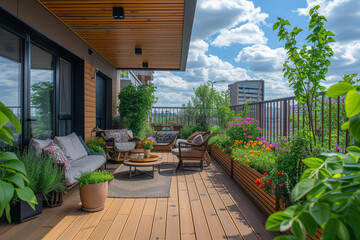 Fototapeta na wymiar A Beautiful Modern Terrace with Wood Deck Flooring, Green Potted Flowers, and Stylish Outdoor Furniture - Creating a Cozy and Relaxing Haven in the Heart of the City