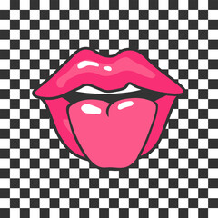 Pink female lips on a checkered retro background. Vintage illustration in 90s pop art style. Sticker, vector	