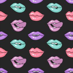 Seamless pattern, lips in 90s pop art style. Vintage illustration of women's mouths in different emotions for prints. Retro background. Vector