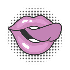 Pink female lips on a dotted retro background. Vintage illustration in 90s pop art style. Sticker, vector