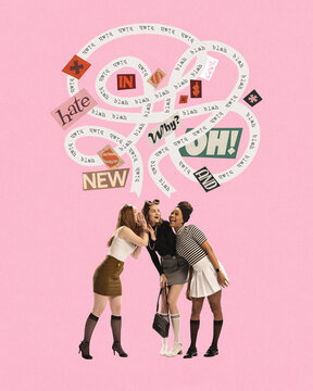 Three young women laughing together with speech bubbles containing words and symbols above. Spreading secrets, rumors. Contemporary art collage. Friendship, communication, information