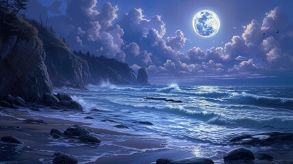 a seaside landscape under the luminous glow of a full moon, with the vast expanse of the sea stretching out to meet the horizon.