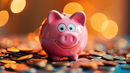 a cheerful pink piggy bank, overflowing with coins, symbolizing the rewards of disciplined saving and wealth accumulation.