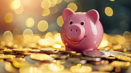 a cheerful pink piggy bank, overflowing with coins, symbolizing the rewards of disciplined saving and wealth accumulation.