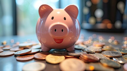 a cheerful pink piggy bank, overflowing with coins, symbolizing the rewards of disciplined saving and wealth accumulation.