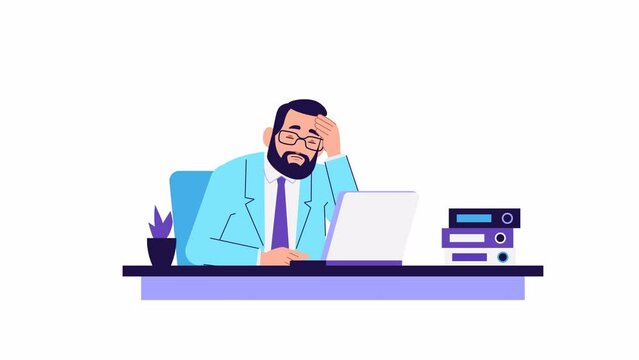 Stress at work, frustrated man, character animation. failure, burnout or overwork, stressful job concept. Tired business man, sleepy, Sad, exhausted. Deadline pressure. Cartoon style 2d footage.