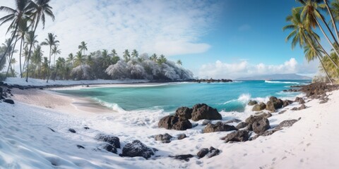 Winter landscape on a tropical beach. A beach covered with snow.