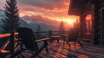 a rustic cabin terrace adorned with sleek black wooden chairs, overlooking a majestic mountain landscape bathed in the warm hues of a vibrant sunset, evoking a sense of tranquility and serenity.