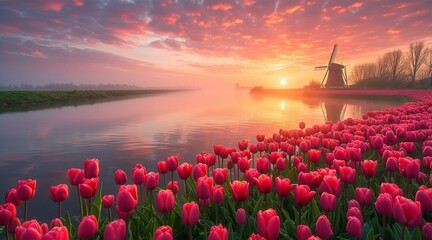 Beautiful iconic view of Tulip fields in Netherlands with windmill
