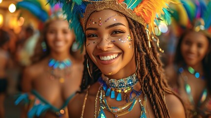 Beautiful young dancer in carnival costume inspired by Brazilian parade culture