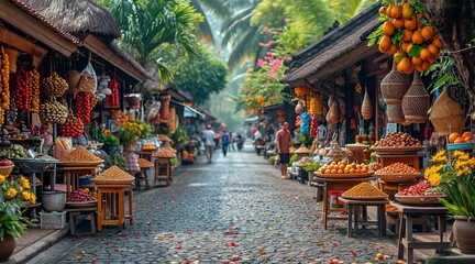 aSian street market view with fruit and veg stalls, local tourists attraction  - obrazy, fototapety, plakaty