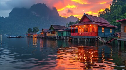 Fototapeta premium Asian Over water villas at sunset with beautiful mountains at the background and reflection in water 