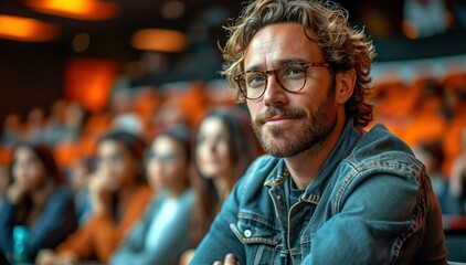 Fototapeta premium Young man, student is listening a speech in conference hall, theatre. Learning and leisure concept