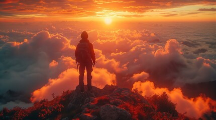 Man on top on mountain above clouds is admiring fantastic view and sunset 