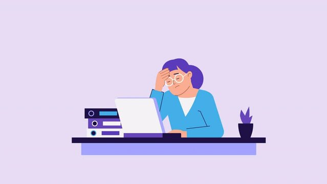 Stress at work, frustrated woman, character animation. failure, burnout or overwork, stressful job concept. Tired business lady, sleepy, Sad, exhausted. Deadline pressure. Cartoon style 2d footage.