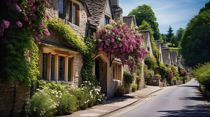 Fototapeta na wymiar Beautiful idyllic old English village street with cottages made of stone and front gardens with flowers 