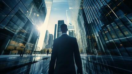 Businessman walks along in city, beautiful skyscrapers at the background. Motivation, determination, competitive business environment concept
