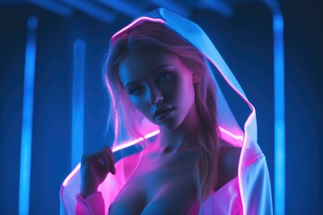 Girl in stylish clothes with neon pendant
