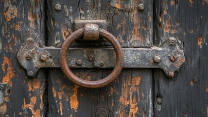 an aged wooden door, focusing on the rustic beauty of its textured surface and the character imbued by the vintage metal handle in a compelling close-up shot.