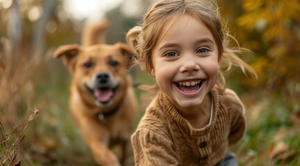 Happy kids and dog are running together towards camera