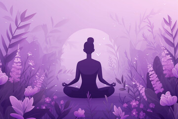 Serenity in Nature: Silhouette of a Person Meditating in a Mystical Purple Forest at Sunrise