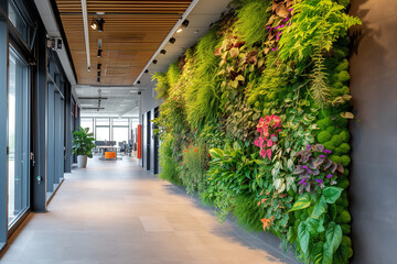 A Modern Office Adorned with a Lush Green Living Wall of Perennial Plants - Showcasing Urban Gardening Landscaping Interior Design, Bringing the Beauty of Nature Indoors