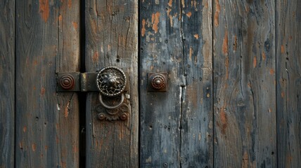 Fototapeta premium an aged wooden door, focusing on the rustic beauty of its textured surface and the character imbued by the vintage metal handle in a compelling close-up shot.