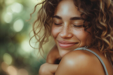 Obraz premium A Beautiful Woman Hugging Herself - Illustrating the Concept of Wellness and Achieving a Good Balance in Life through Self-Care and Self-Love