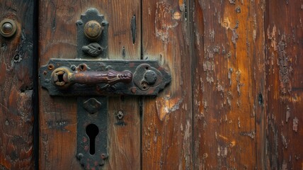 an aged wooden door, focusing on the rustic beauty of its textured surface and the character imbued by the vintage metal handle in a compelling close-up shot.