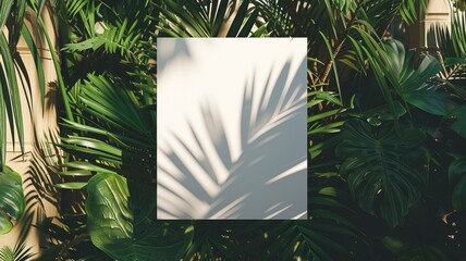 square paper mockup featuring shadow overlays from a tropical plant, a versatile template for flyers, posters, blank canvases, social media posts, or logo designs in a trendy style.