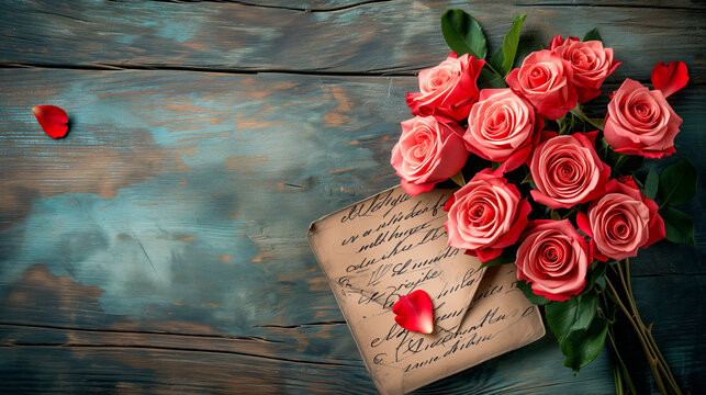 Valentines day background with red roses on rustic wooden table and handwritten letter